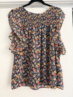 Loft Navy Floral Ruffle Smocked Top